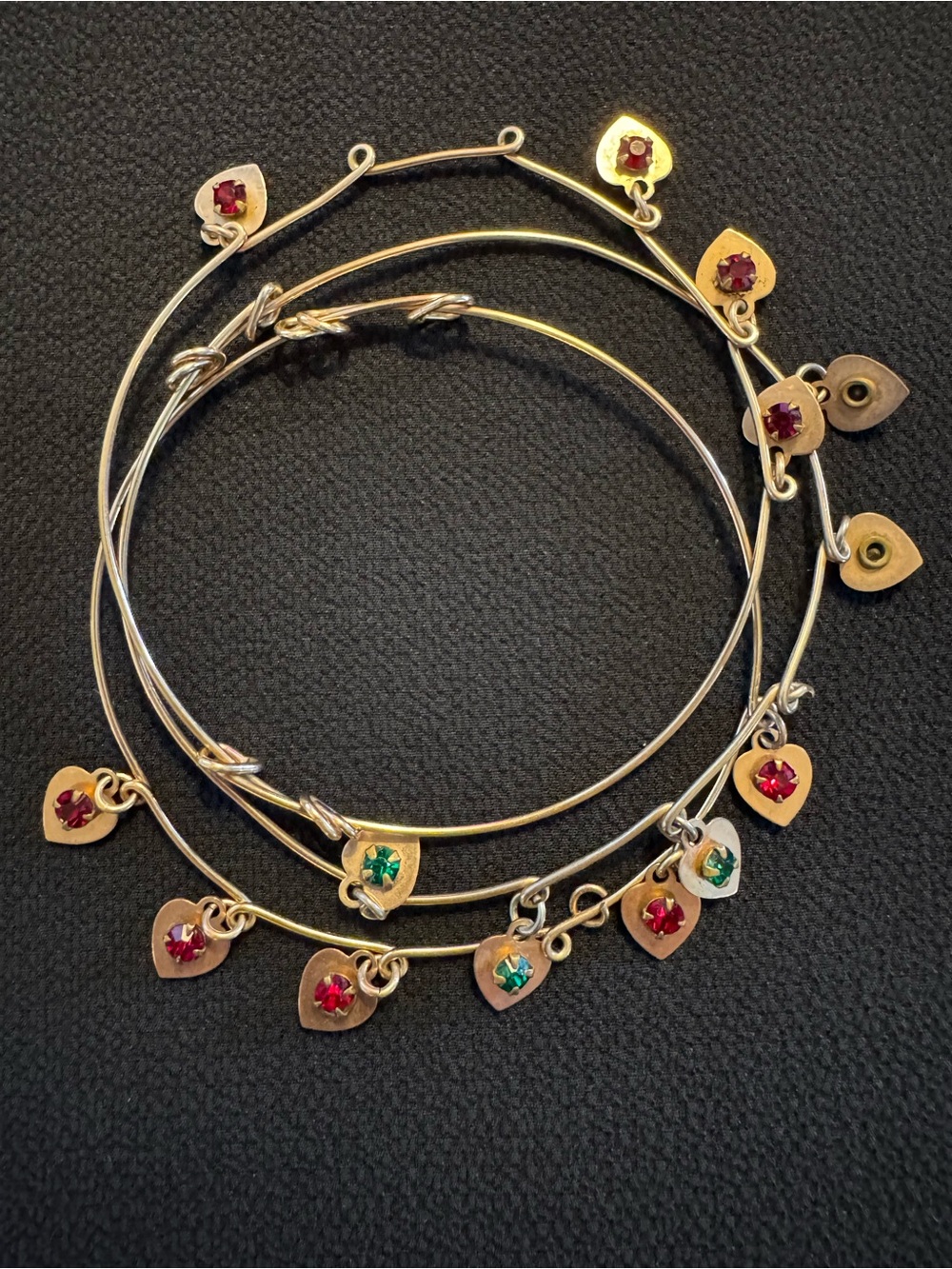 Vintage Gold Filled Heart Charm Bangle Bracelet Set Red Green CZ Set of 3
